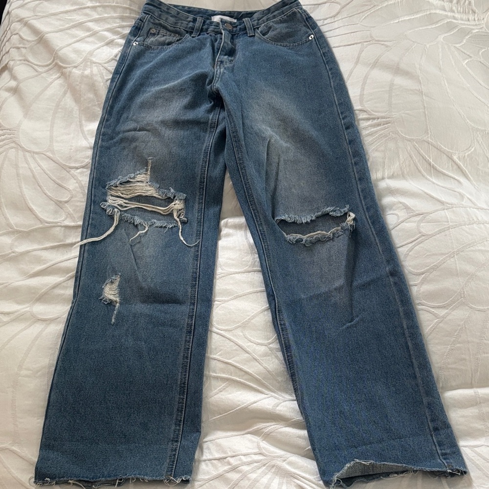 Oak & Fort Distressed Wide-Leg Women's Jeans in Blue